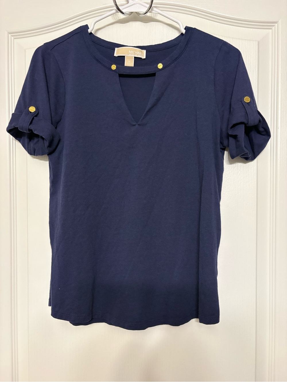 Michael Kors Navy Short Sleeve V-Notch Top with Gold Accents